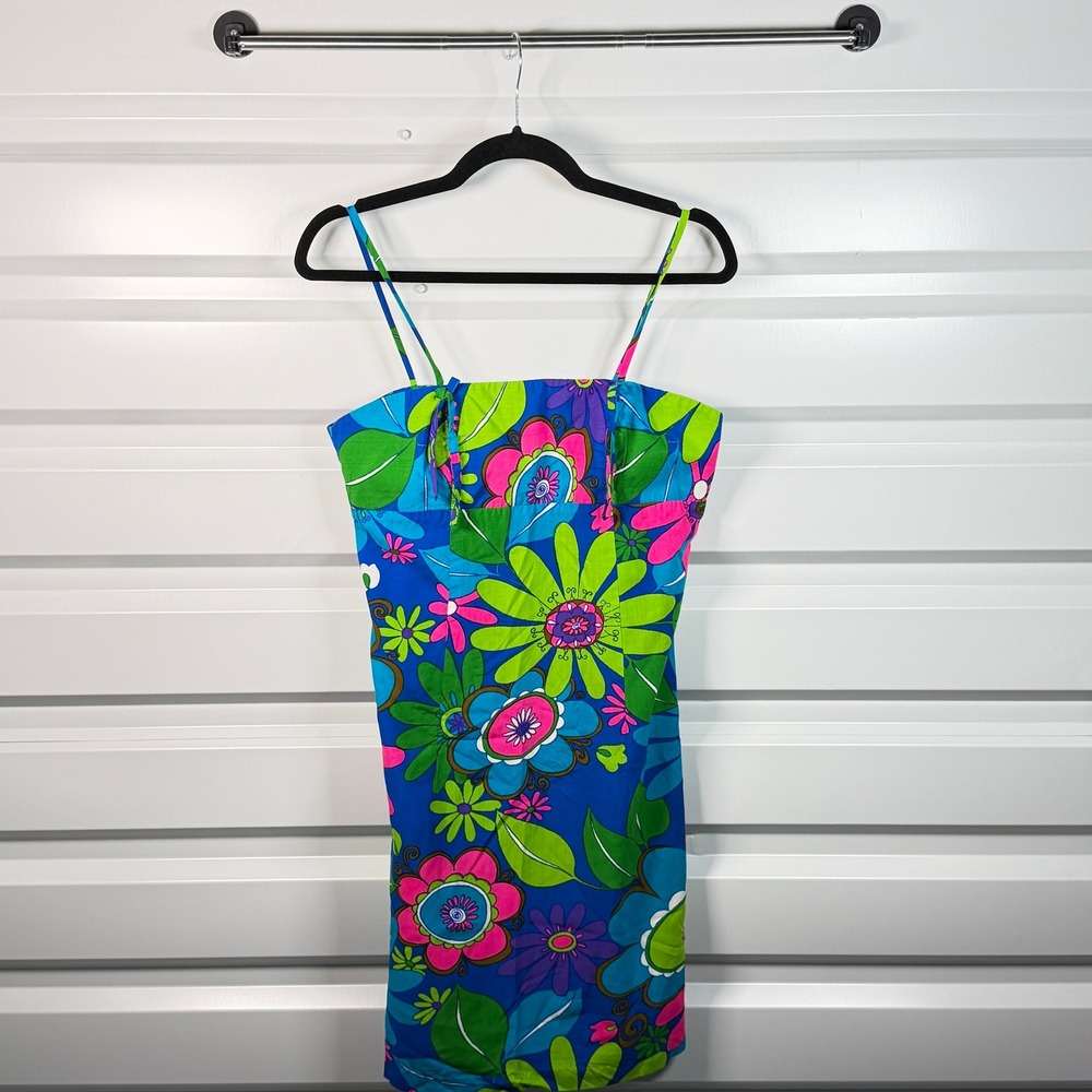 Vintage BJs Fashions Honolulu Hawaii Floral Psychedelic Blue Pink Mini Dress
